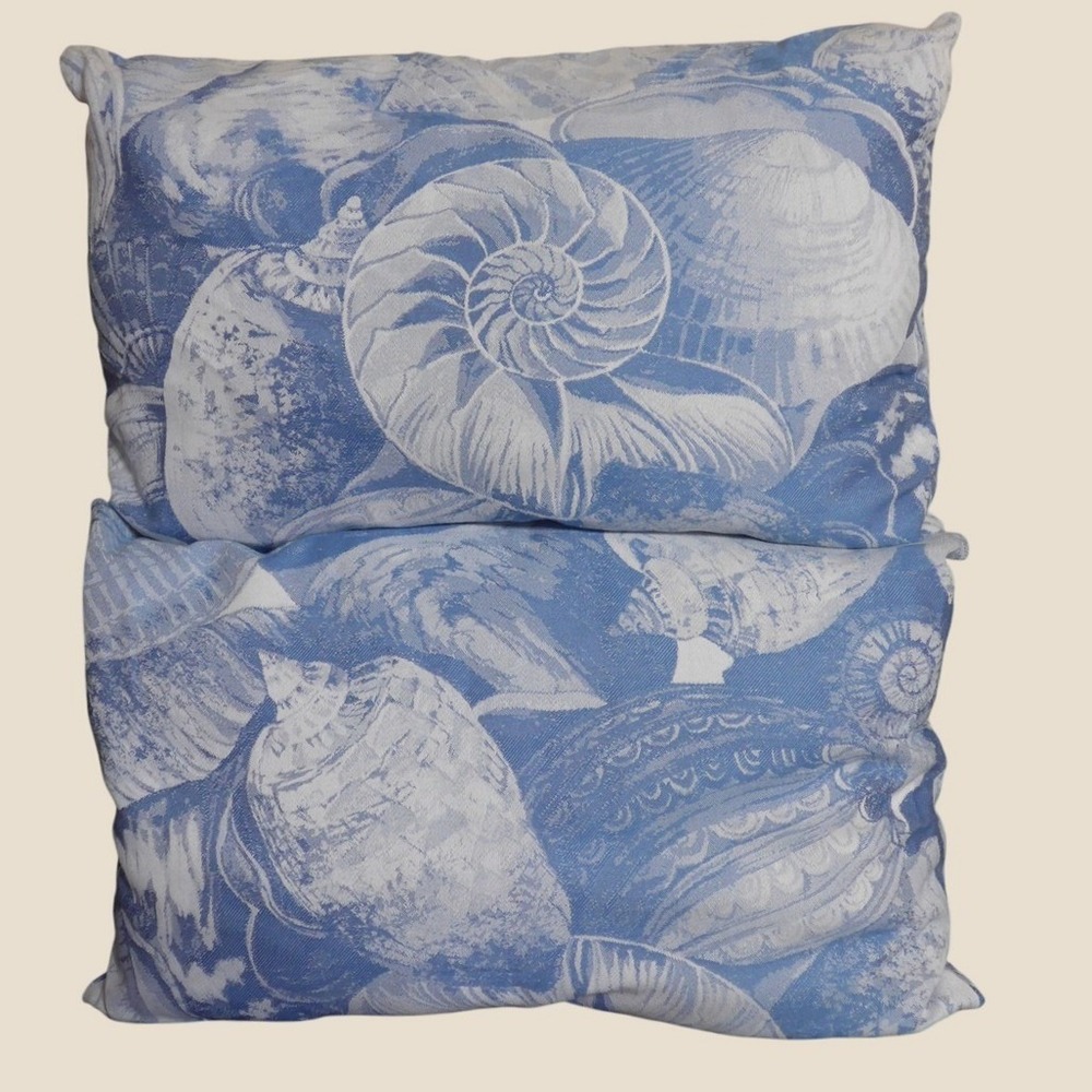 Pottery Barn Sunbrella Lumbar Pillows 22x13 Blue White Seashell Set of 2
